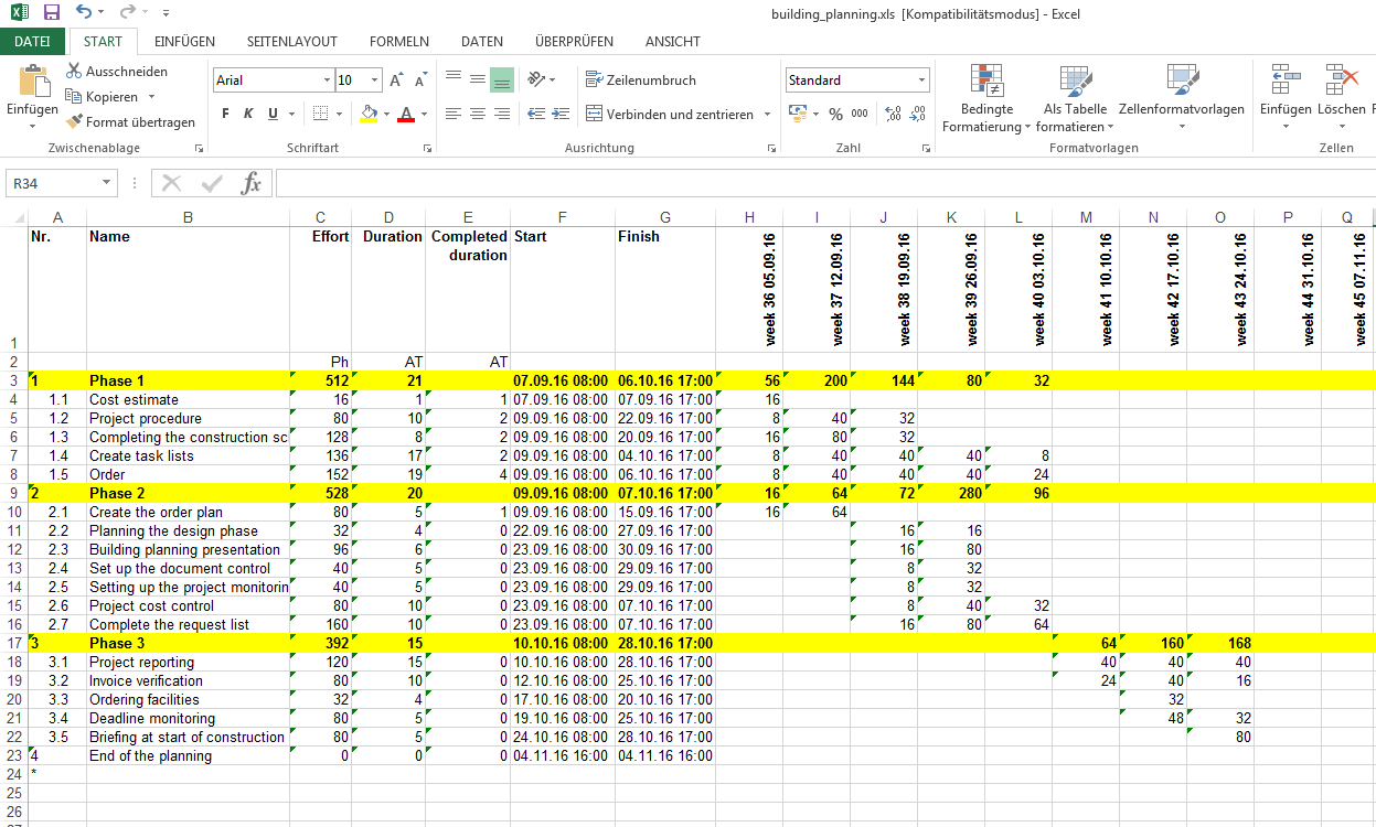 Gantt diagramm export excel