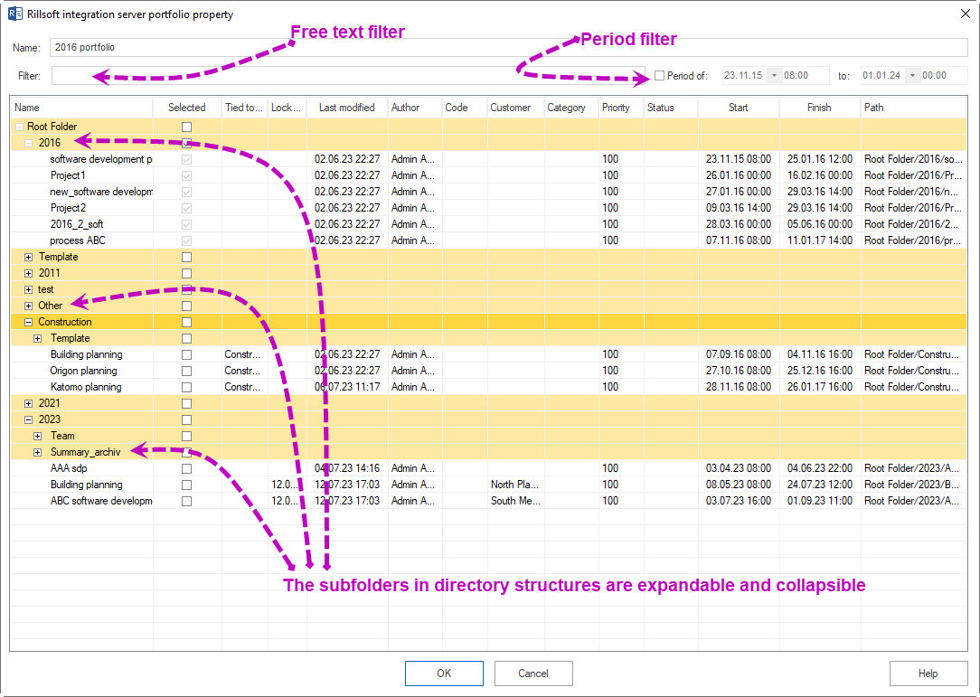 Portfolio properties window