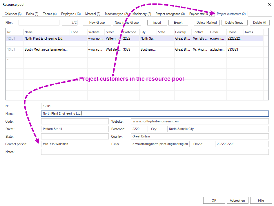 Project Customers tab in Resource Pool