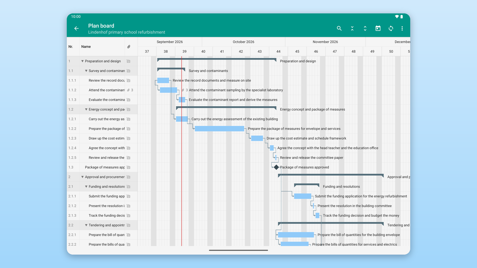 Planning board on the tablet: dates, milestones, links