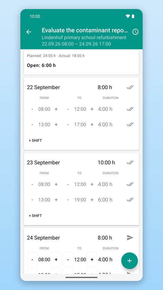 Report time per task and day – planned as a template, reported with status